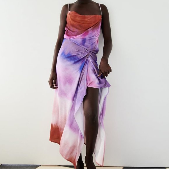 NWT ZARA PURPLE PRINTED DRESS WITH DRAPING - Picture 1 of 9